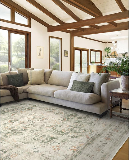RUGGABLE Washable Vintage Area Rug – Sarrah Sage 10x14, Stain-Resistant, Non-Slip – Large Machine Washable Rugs for Living Room, Bedroom, Hallway, Entryway & Office–with Standard Pad