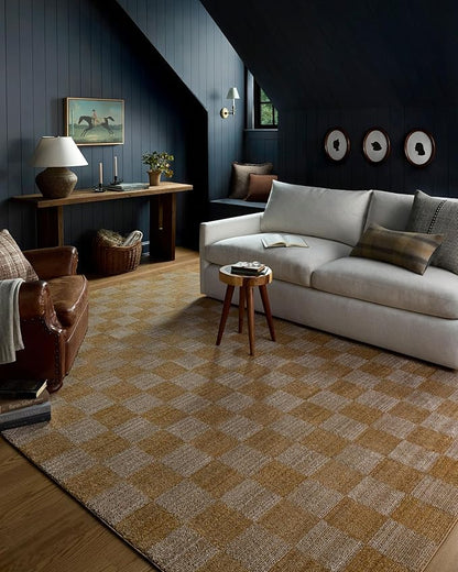 Loloi Chris Loves Julia Calvin Collection CLV-01 Apricot/Ivory 6'-3" x 9'-6" Area Rug Checkered Neutral Soft Living Room Bedroom Carpet