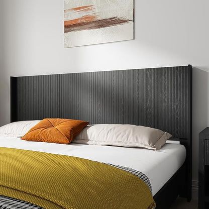 KEIKI Wooden Queen Size Headboard Only, 64.5" Wide Farmhouse Headboards with Wall Mounted Fluted Panel & Wingback for Bedroom, Black Oak