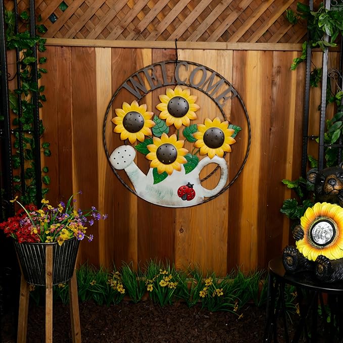 Alpine Corporation SCC580L Round Sunflowers Welcome Wall Decoration, Sign for Entryways, 30" H