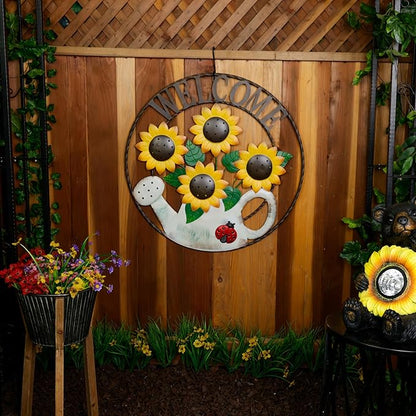 Alpine Corporation SCC580L Round Sunflowers Welcome Wall Decoration, Sign for Entryways, 30" H