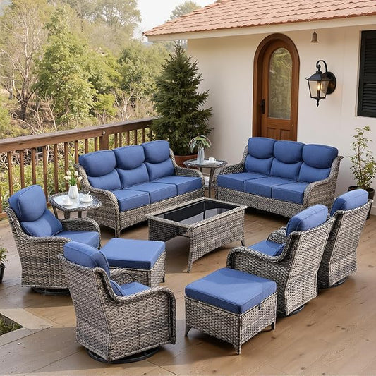 Belord Luxury 6" Thick Cushioned 11 Pieces Patio Furniture Set with Outdoor Couch, Wicker Outdoor Conversation Set with High Back Swivel Rocker Chairs for Deck Porch Yard and Poolside - Grey+Blue