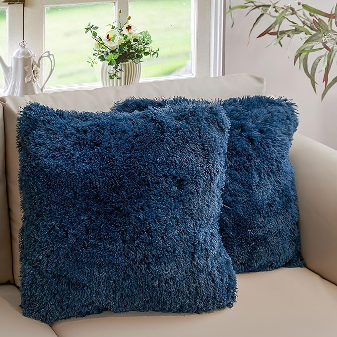 Cheer Collection Throw Pillows for Couch and Bed, Soft Shaggy Throw Pillows with Inserts Included, Cozy Long Hair Faux Fur Pillows - Set of 2-24" x 24" Navy