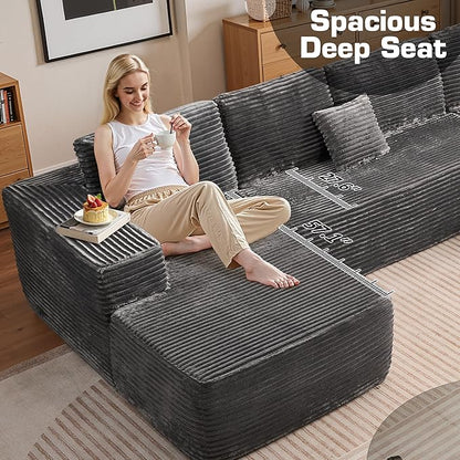 146'' Oversized Boneless Sectional Couch, U Shaped Cloud Couches with Chaise & Ottoman, Plush Corduroy 8 Seater Deep Seat Modular Sofa Sets for Living Room, No Assembly Required, Gray