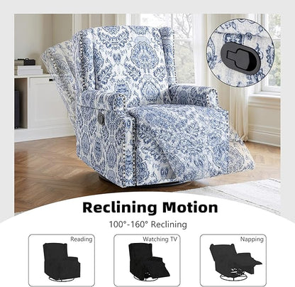 Pia Ricco Swivel Glider Recliner Chairs Set of 2, High Back Rocker Reclining Accent Chair with Smooth Manual Mechanism for Nursery, Comfortable & Quiet Upholstered Armchair Seating-Bule Pattern