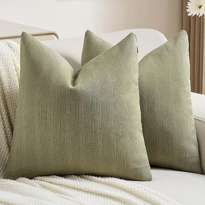 FUTEI Moss Green Chenille Decorative Throw Pillow Covers 24x24 Inch Set of 2,Soft Cozy Striped Geometric Patterns European Cushion Case,Modern Home Decor for Couch Bed Living Room