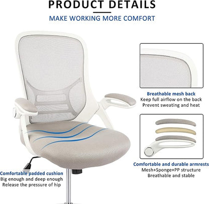 HYLONE Drafting Chair, Tall Office Chair Standing Desk Stool with Adjustable Foot Ring, Flip-Up Arms, Mesh High-Back Drafting Table Chair, White & Grey
