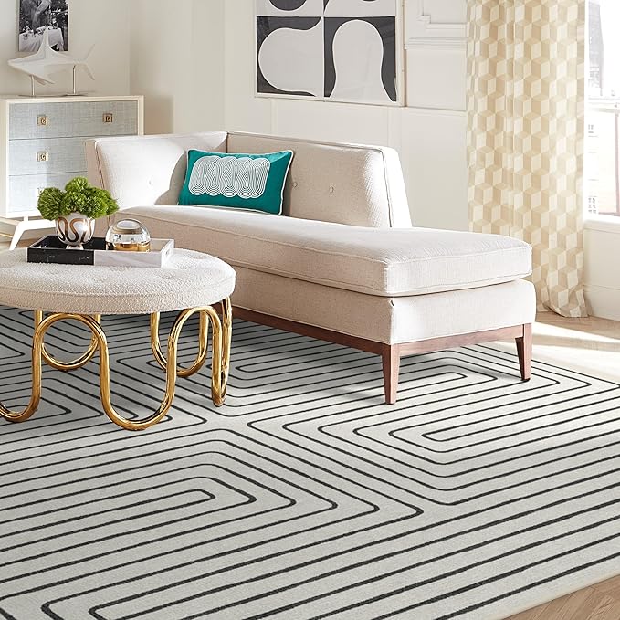 RUGGABLE x Jonathan Adler Machine Washable Modern Area Rug – Labyrinth Black/Ivory 9x12, Stain-Resistant, Non-Slip – Large Rugs for Living Room, Bedroom, Hallway, Entryway & Office–with Standard Pad