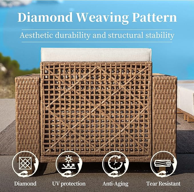 2 Pieces Patio Furniture Set,Outdoor Rattan Wicker Armchirs and Ottomans with 10''Ultra-Thick Cushions,All Weather Patio Conversation Set for Lawn Garden Backyard,Beige