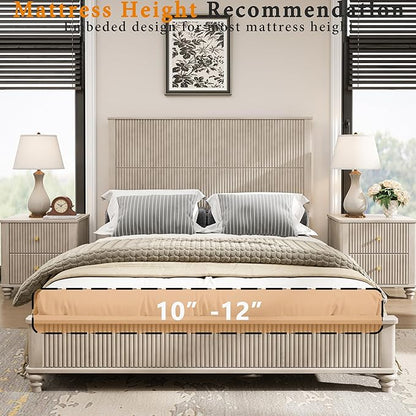 Queen Size Solid Wood Platform Bed Frame, Solid Wood Bed with 63.58" Headboard, Solid Wood Leg/No Box Spring Needed/Noise Free/Beige