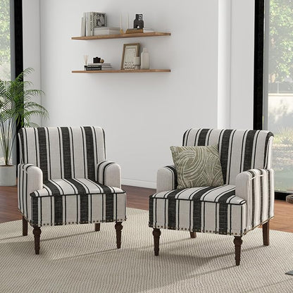 UIXE Stripe Accent Chairs Set of 2, Living Room Arm Chair Modern Nailhead Trim Club Armchair, Comfy Upholstered Sofa Lounge Seat Reading Seat Bedroom Side Seating for Home Office, Black