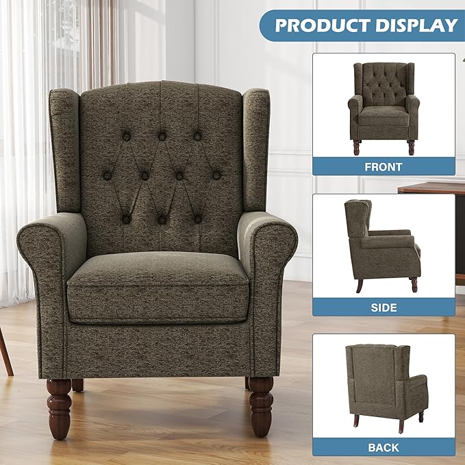 UIXE High Back Accent Chairs Set of 2, Fabric Upholstered Armchair Wingback Arm Club Chair for Living Room, Comfy Single Sofa Bedroom Reading Seat with Solid Wood Legs - Taupe