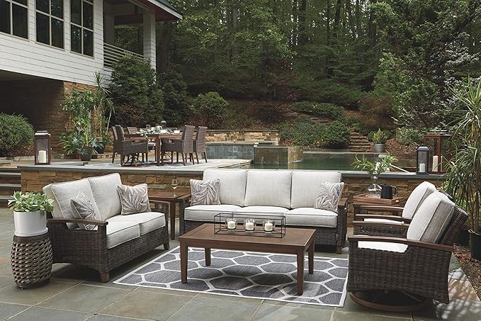 Signature Design by Ashley Paradise Trail Outdoor Patio Sofa with Cushion and 2 Throw Pillows, Cleanable Performance Fabric, Resin Wicker, Brown & Beige