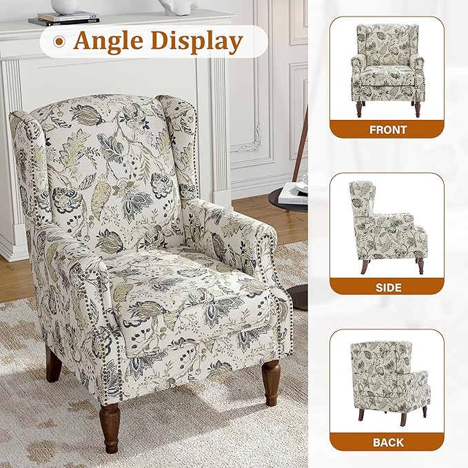 Floral Wingback Accent Chairs Set of 2, High Back Upholstered Armchair, Comfy Fabric Wingback Arms Chairs with Retro Solid Wood Legs, Single Sofa Reading Chair for Bedroom Living Room, Plants Beige