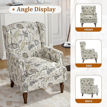 Floral Wingback Accent Chairs Set of 2, High Back Upholstered Armchair, Comfy Fabric Wingback Arms Chairs with Retro Solid Wood Legs, Single Sofa Reading Chair for Bedroom Living Room, Plants Beige