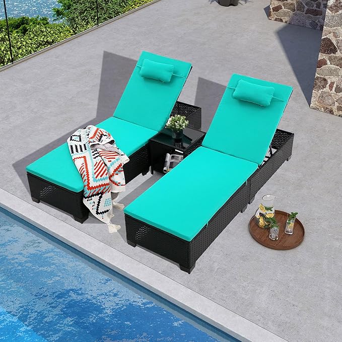 3 PCS Patio Chaise Lounge with Coffee Table Cushion&Pillow Outdoor Lounge Chair Chaise Lounger Patio Reclining Chair 5 Angle Adjustment Black PE Rattan for Courtyards Poolside Garden (Green)