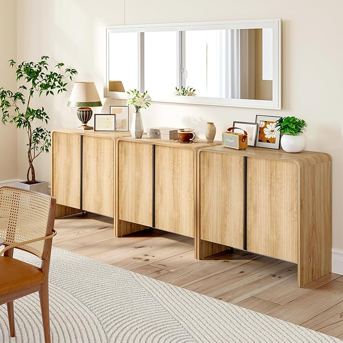 BERRYMERRY 2 Door Fluted Sideboard Buffet Cabinet with Storage, Modern Wood Cabinet with Adjustable Shelves for Living Room, Dining Room (Light Wood 4 Doors)