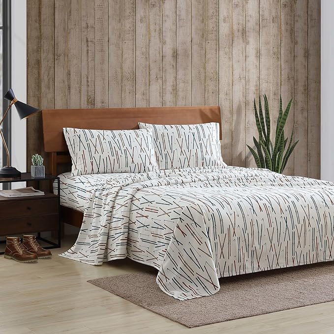 Eddie Bauer - King Sheets, Cotton Flannel Bedding Set, Brushed For Extra Softness, Cozy Home Decor (Ski Line White, King)