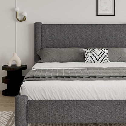 Queen Size Bed Frame, Boucle Upholstered Platform Bed Frame with Headboard and Footboard, Soft Bed Frame with Rounded Corners, No Box Spring Required, Easy Assembly, Dark Grey