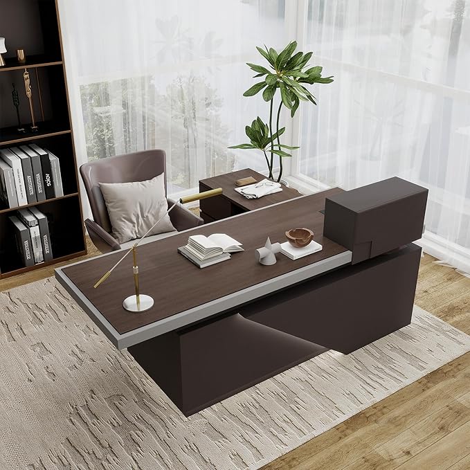 SAINTCY 86" Executive Desk with Drawers - L Shaped Desk with File Cabinet, Black Executive Office Desks with LED Light, Home Office Desk,2.6" Thickened Desktop