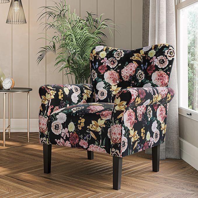 BELLEZE Modern Accent Chair for Living Room, High Back Linen Armchair with Wooden Legs, Upholstered Wingback Side Chair Padded Armrest Single Sofa for Living Room, Bedroom - Allston (Black & Flower)