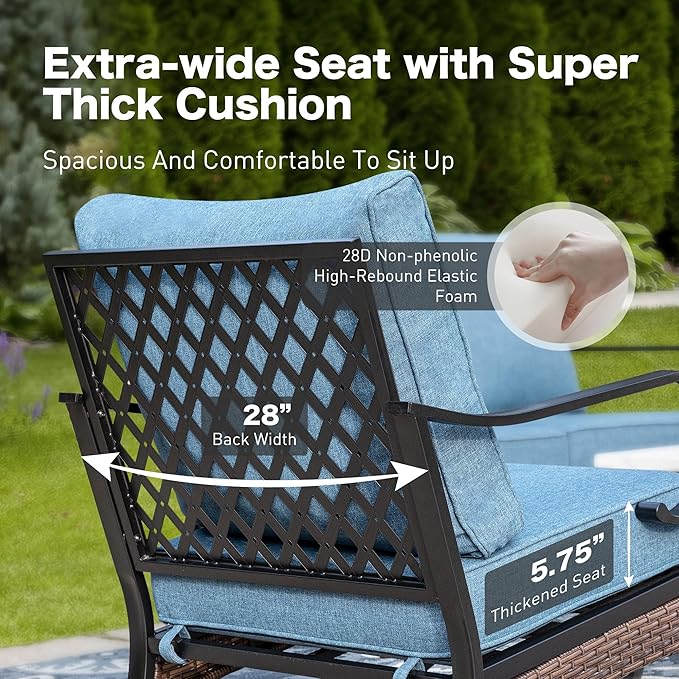 5 Piece Metal Outdoor Patio Furniture Set, Patio Conversation Sets with 3-Seater Sofa, Loveseat, 2 Fixed Sofa (5.75" Thick Cushion) & Coffee Table Black Backyard Furniture, Denim Blue