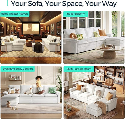 LINSY HOME Modular Cloud Couch, 113" L Shaped Sectional Sofa with Double Layer Cushions and Ottoman, Chenille 4 Seater Sofa Set for Living Room, Apartment, Beige