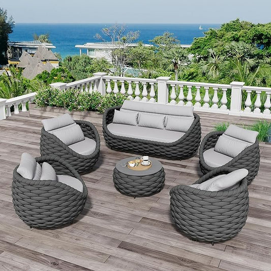 Aluminum Woven Rope Patio Furniture Set: 6 Pieces Assembled Outdoor Conversation Sofa Set for 7 - Modern Metal Couch Set Cushioned - All Weather Porch Seating for Deck Garden Lanai Hotel Resort
