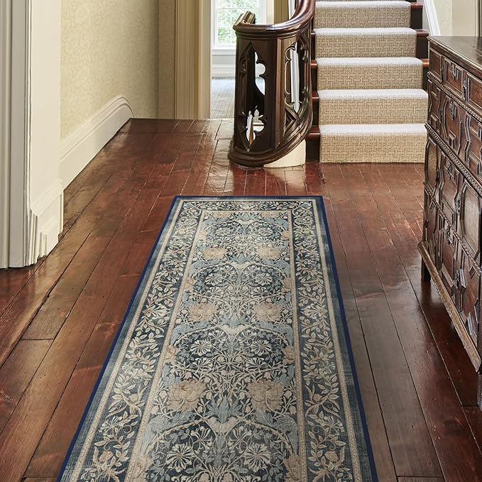 RUGGABLE x Morris & Co Machine Washable Area Rug – Honeysuckle & Tulip Blue 5x7, Stain-Resistant, Non-Slip – Medium Rugs for Living Room, Bedroom, Hallway, Entryway & Office–with Cushioned Pad