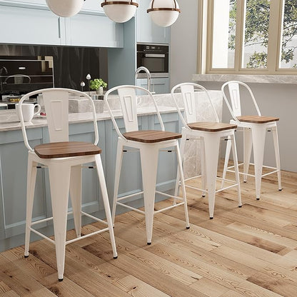 Aklaus Swivel Metal Bar Stools with Backs Counter Stools Set of 4 Counter Height Stools High Back Bar Chairs 26 Inch Barstool Farmhouse White Cream Barstools