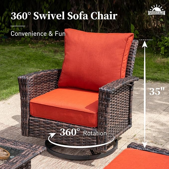 4 Pieces Patio Furniture Set with Swivel Chairs, High Back Wicker Rattan Sofa with Extra Thick Cushion and Coffee Table, Outdoor Conversation Set for Garden Backyard Deck,Red