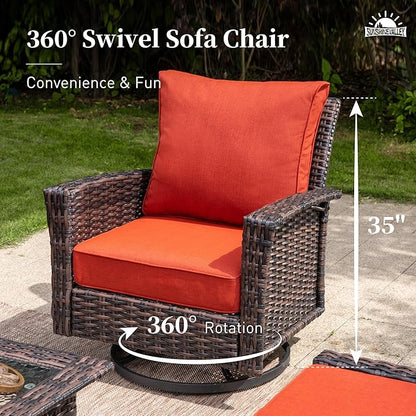 4 Pieces Patio Furniture Set with Swivel Chairs, High Back Wicker Rattan Sofa with Extra Thick Cushion and Coffee Table, Outdoor Conversation Set for Garden Backyard Deck,Red