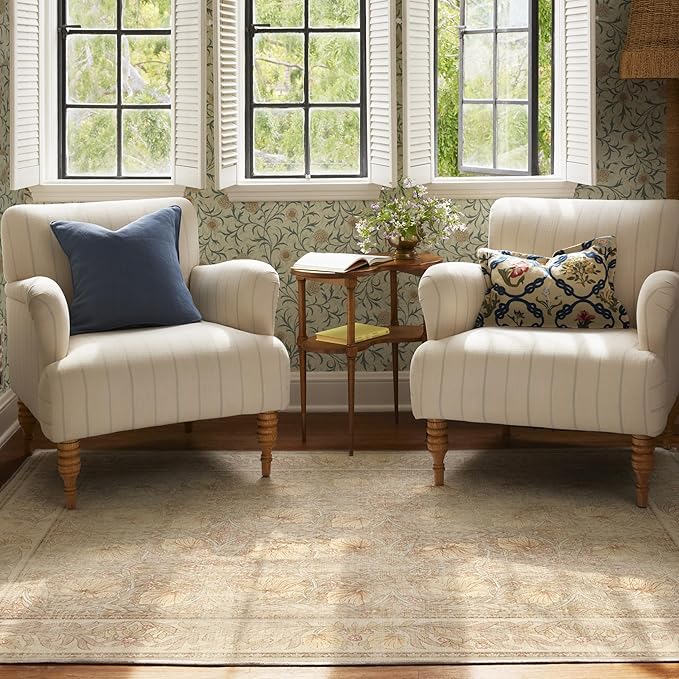 RUGGABLE x Morris & Co Washable Area Rug – Pimpernel Vintage Stone 6x9, Stain-Resistant, Non-Slip – Medium Machine Washable Rugs for Living Room, Bedroom, Hallway, Entryway & Office–with Standard Pad