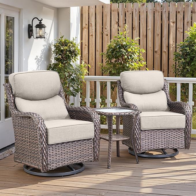 Belord Luxury 6" Thick Cushioned Outdoor Swivel Rocker Patio Chairs with Side Table, 3 Pieces High Back Wicker Furniture Set with Ergonomic Back, Conversation Gliders Set for Deck Porch - Brown+Beige