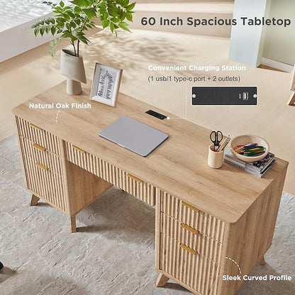 T4TREAM 60'' Fluted Executive Desk with Drawers, Modern Home Office Computer Desk with Charging Station, Keyboard Tray, File Drawer and Storage Cabinet for Study, Living Room, Bedroom, Natural Oak