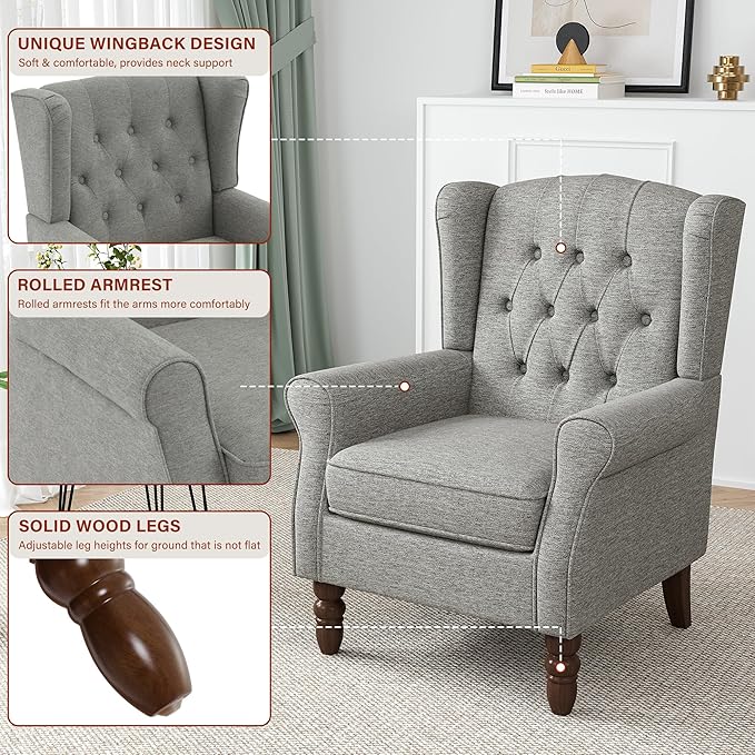 High Back Accent Chairs Set of 2, High Wingback Chair for Living Room, Button-Tufted Upholstered Fabric Armchair with Solid Wood Legs, Comfy Single Sofa Reading Chair for Bedroom, Light Gray