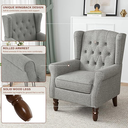 High Back Accent Chairs Set of 2, High Wingback Chair for Living Room, Button-Tufted Upholstered Fabric Armchair with Solid Wood Legs, Comfy Single Sofa Reading Chair for Bedroom, Light Gray