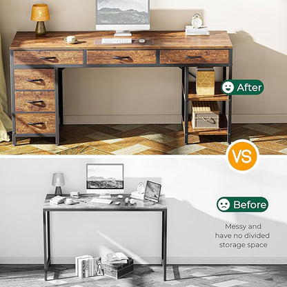 Huuger Computer Desk with 6 Drawers, 63 Inch Office Desk with Shelves, Reversible Gaming Desk, Corner Desk with Storage, for Home Office, Study, Living Room, Rustic Brown