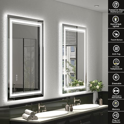 24x32 LED Bathroom Mirror, Lighted Mirror for Bathroom Wall, Backlit and Front lit, Dimmable, Anti-Fog, Shatterpoof, Memory (Horizontal/Vertical)