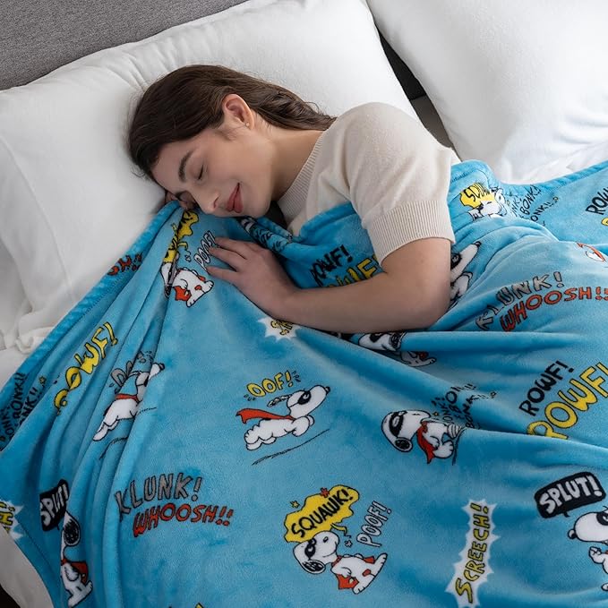 Berkshire Blanket Peanuts® VelvetLoft® Cute Character Snoopy Plush Blanket,Peanuts Large Masked Marvel Toss Happy Blue,King 90 in x 108 in (Official Peanuts® Product)