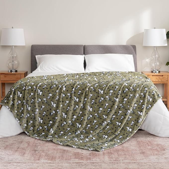 Berkshire Blanket Peanuts® VelvetLoft® Cute Character Snoopy Plush Blanket,Loden Green,King 90 in x 108 in (Official Peanuts® Product)