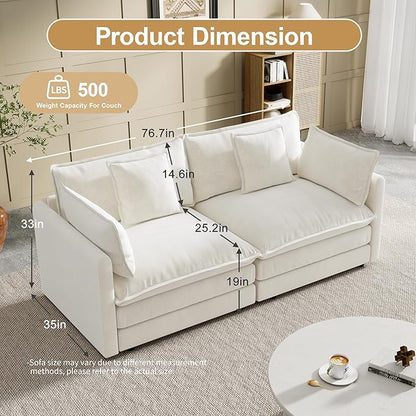 Modular Sectional Sofa, 76.7 Inch I-Shaped Cloud Sofa with Deep Seat Comfortable Chenille Sofa with Cushion Double Sectional Sofa for Living Room Apartment, White