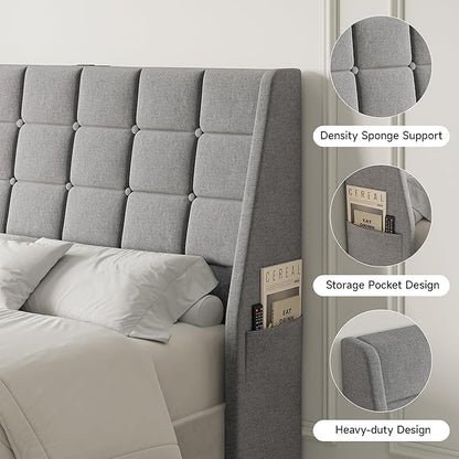 Full Size Headboard with Charging Station, Ergonomic Upholstered Linen Headboards Only, Wingback Wood Bed Head Board with Storage Pocket, Bed Frame Adapters, Light Grey