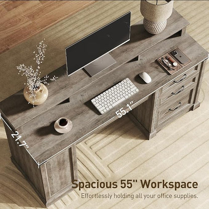 55'' Farmhouse Executive Desk with Drawers, Home Office Desk with File Cabinet and Storage Shelf, Charging Station, Computer Desk with Monitor Stand, Writing Gaming Desk, Greige