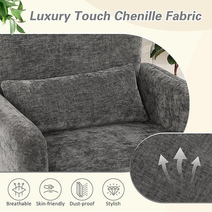 LSSPAID Modern Accent Chairs, Chenille Fabric Armchairs for Living Room, Comfy Upholstered Leisure Single Sofa Chair with Lumbar Pillow for Bedroom, Balcony, Office (Charcoal, Set of 1)