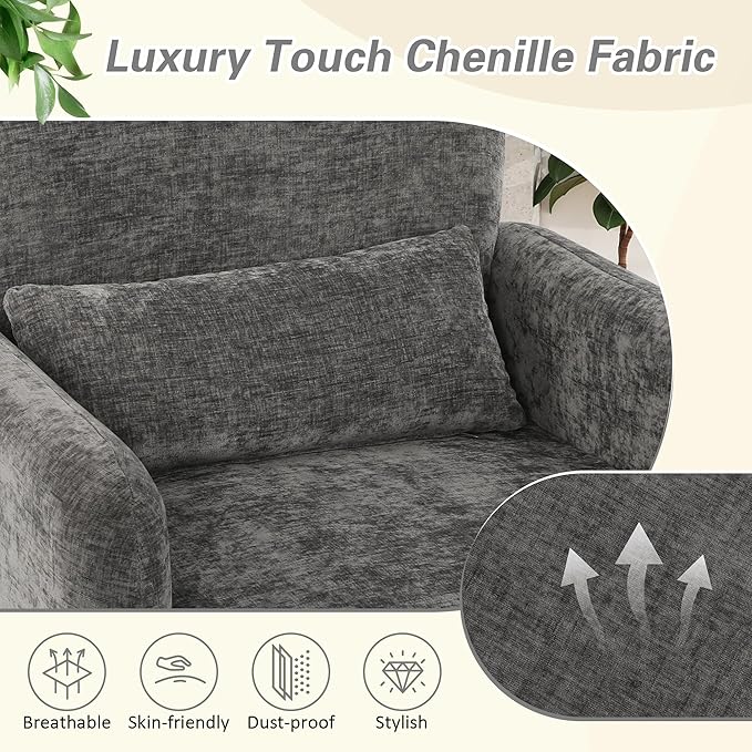 LSSPAID Modern Accent Chairs, Chenille Fabric Armchairs for Living Room, Comfy Upholstered Leisure Single Sofa Chair with Lumbar Pillow for Bedroom, Balcony, Office (Charcoal, Set of 2)