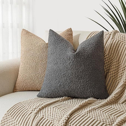 Foindtower Pack of 2 Textured Boucle Throw Pillow Covers Accent Solid Decorative Pillow Cases Cozy Woven Couch Cushion Case for Sofa Bedroom Living Room Home Decor, 18 x 18 Inch,Dark Grey