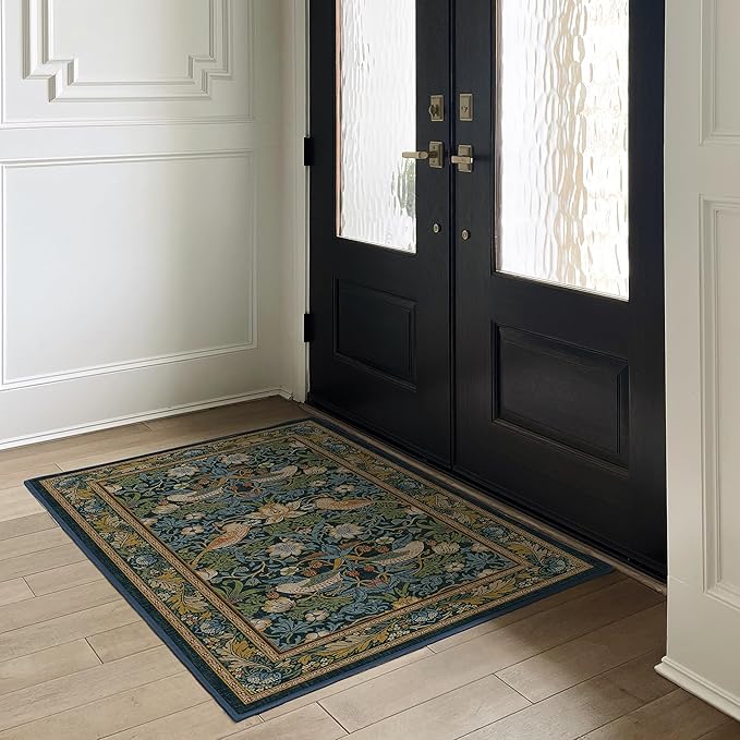 RUGGABLE x Morris & Co Washable Area Rug– Strawberry Thief Indigo 4x6, Stain-Resistant, Non-Slip – Medium Machine Washable Rugs for Living Room, Bedroom, Hallway, Entryway & Office–with Cushioned Pad