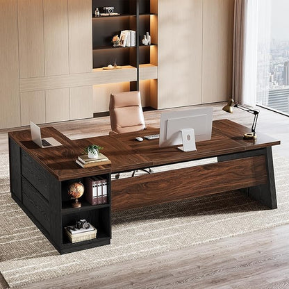 Tribesigns 78" L Shaped Executive Desk, Large Office Desk with Drawers and Storage Shelves, Modern Corner Computer Table Business Furniture for Home Office (Black & Brown)