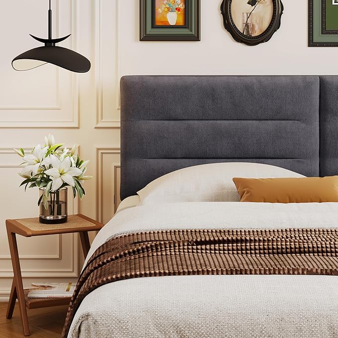 King Size Velvet Headboard Foldable Panels Backboard, Upholstered California King Head Board for Bedroom Adjustable Height from 42" to 56"-Grey